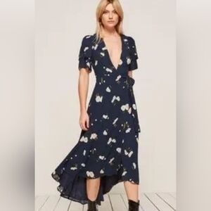 Reformation Layle Opaline Navy Floral High Low Dress